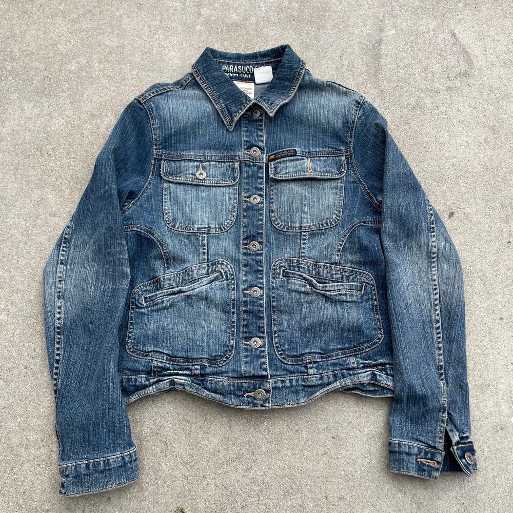 Vintage Y2K Parasuco Denim Cult Jacket Cropped Trucker Womens L Canada Blue